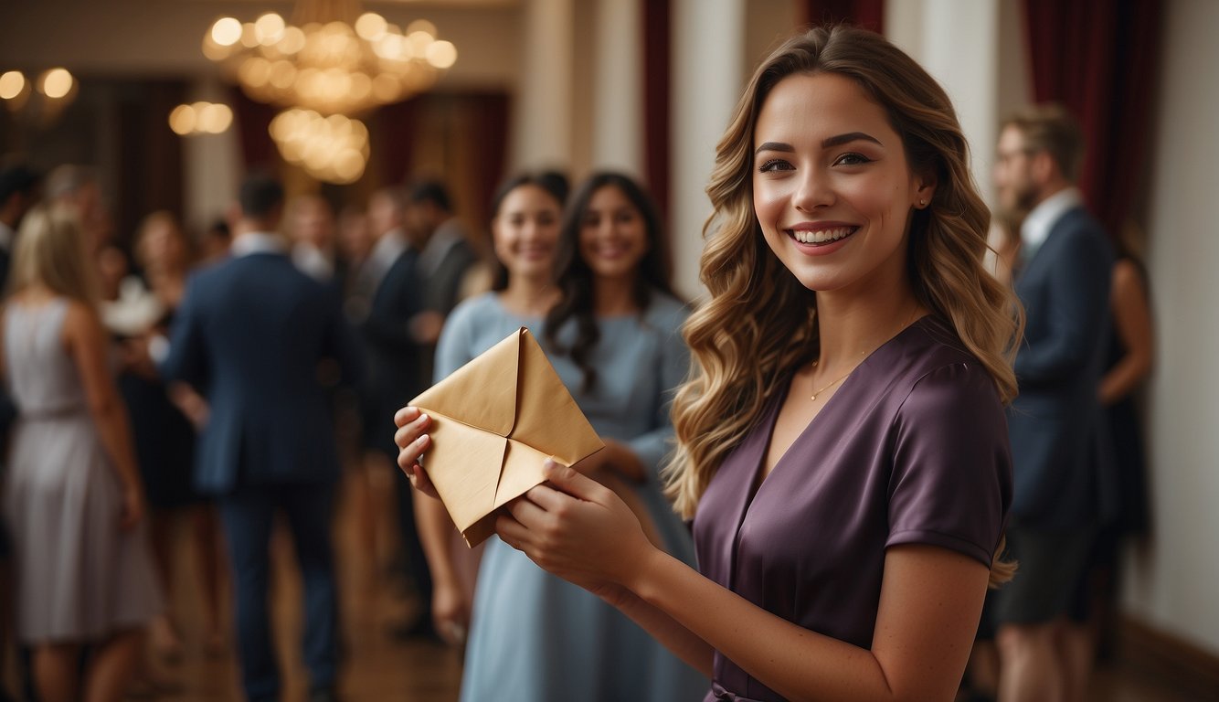 A girl smiles as she receives a prom invitation. She holds a beautifully decorated envelope with a wax seal. The room is filled with excitement and anticipation_Prom Date