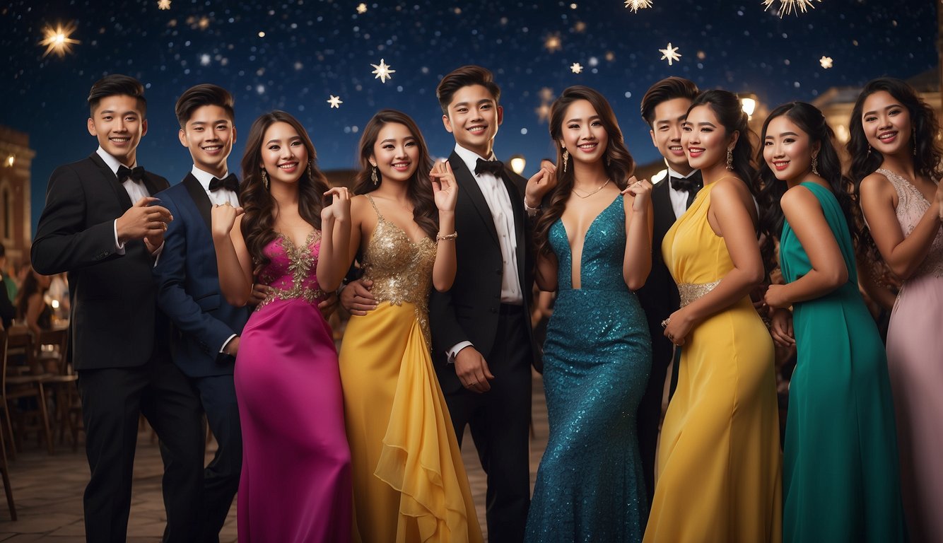 Prom scenes: Asian students in traditional attire, African American students in stylish suits, and Latinx students in colorful dresses, all dancing under a starry night sky_When is Prom