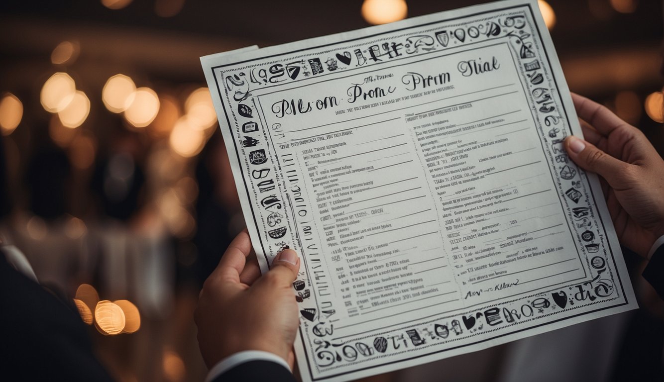 A prom date receives a printed prom night itinerary with a list of events and times_Prom Date
