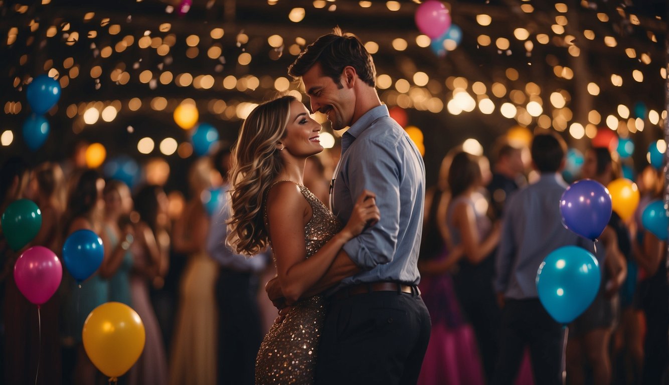 A couple dancing under twinkling lights at prom, surrounded by a sea of colorful balloons and the enchanting glow of the evening_Prom Date