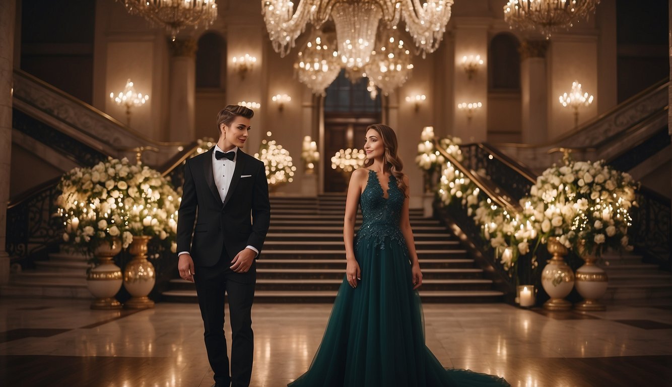 A couple stands in front of a grand staircase, surrounded by twinkling lights and elegant decor. They are dressed in formal attire, ready for their prom send-off_Prom Send Off Ideas