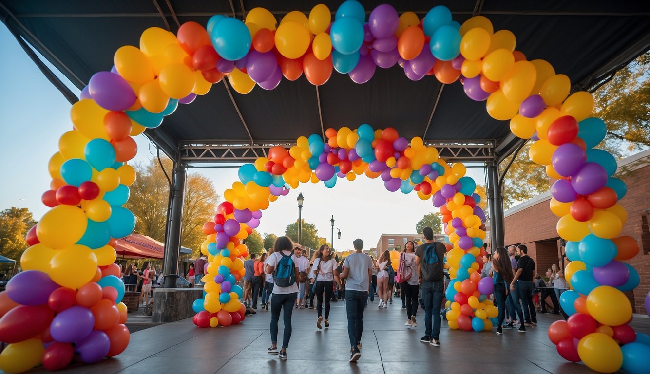 A colorful balloon arch frames the entrance as students walk through, while a DJ plays music and a photo booth captures memories. Guests enjoy a variety of interactive activities, from mocktail bars to DIY corsage stations, creating a lively and engaging atmosphere_Prom Send Off Ideas