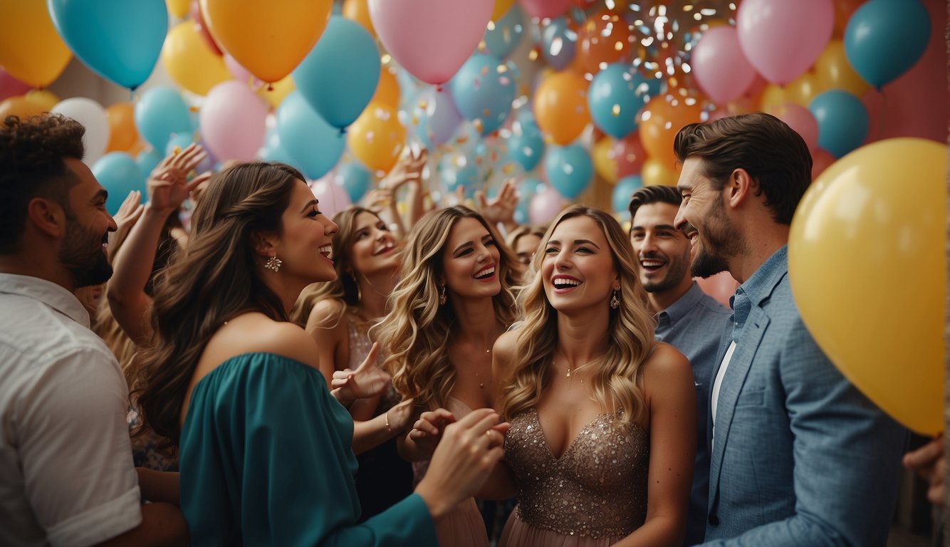 A group of friends gathers in a colorful, decorated space, laughing and dancing as they prepare to send off the prom attendees. Balloons, streamers, and confetti add to the festive atmosphere_Prom Send Off Ideas