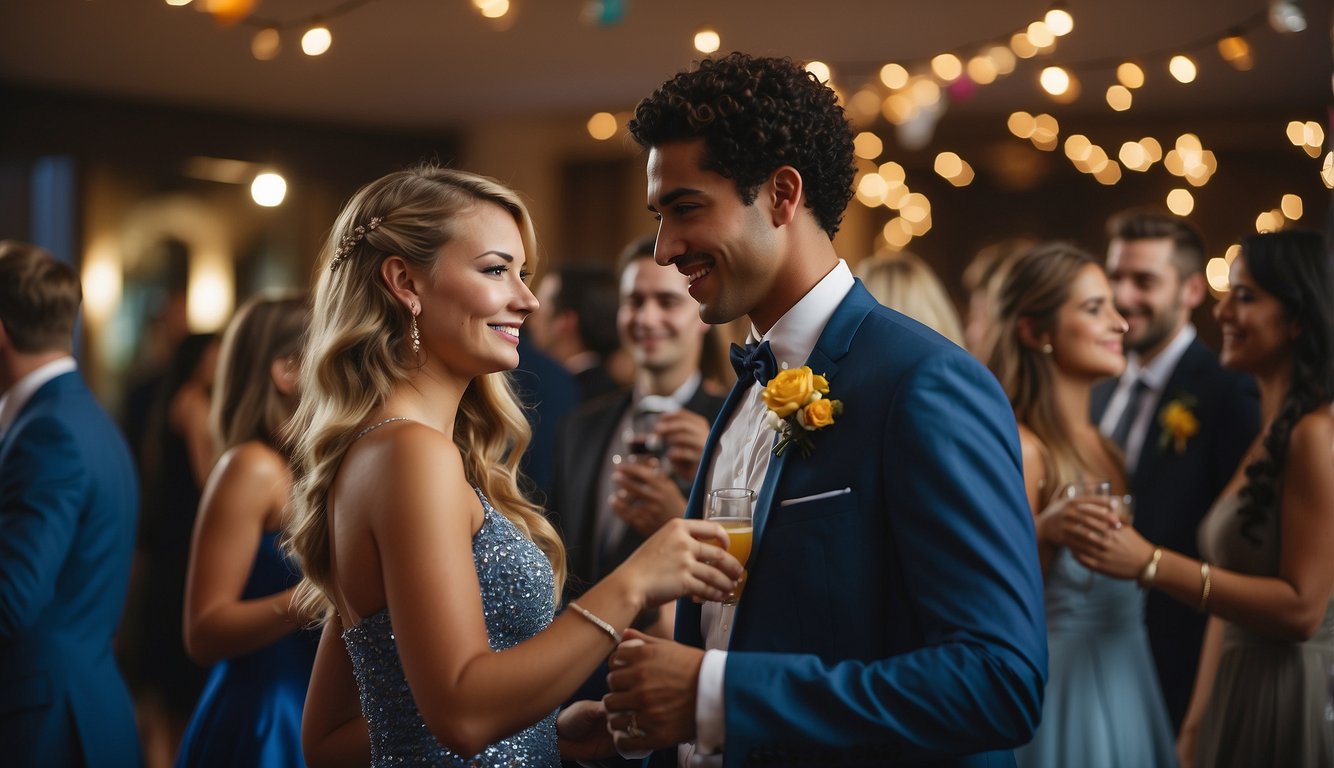 College students mingle at a prom: dancing, chatting, and taking photos. The room is adorned with colorful decorations and a DJ plays music_Does Colleges Have Prom 