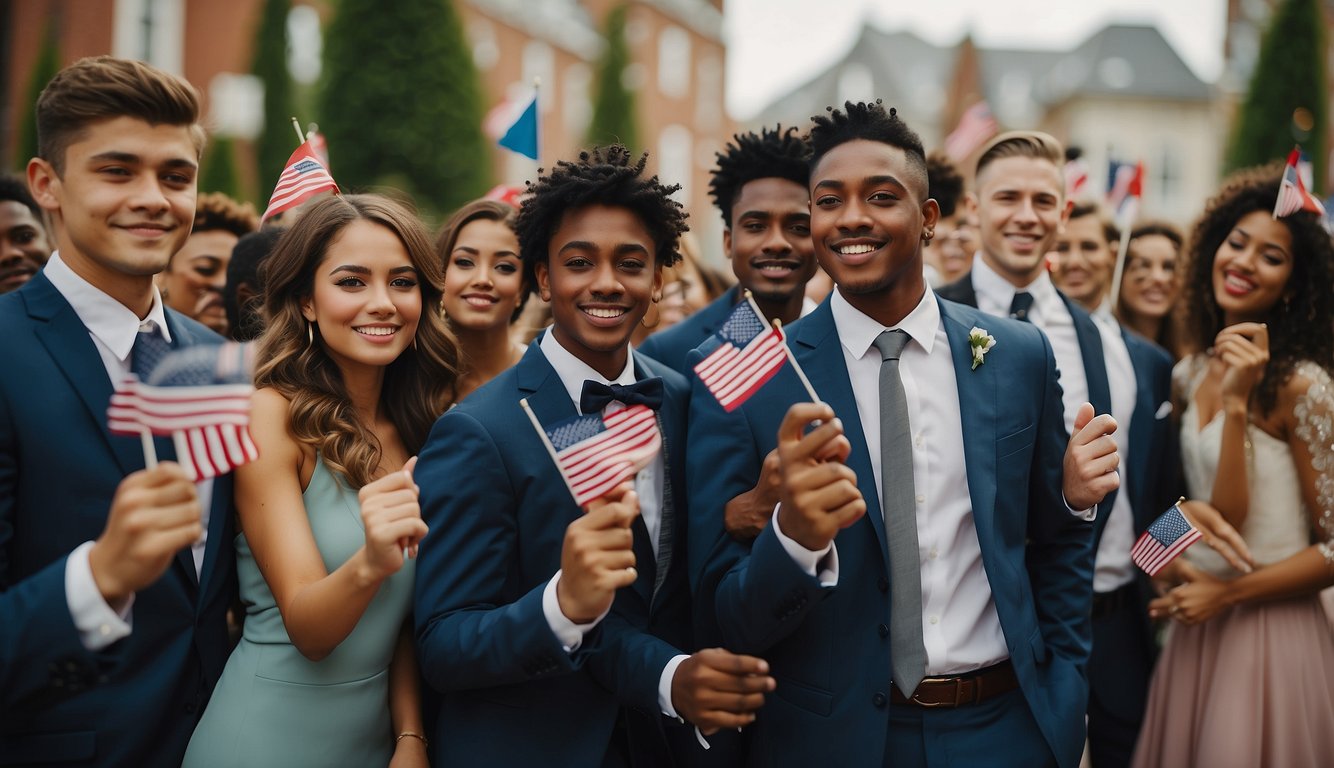 A diverse group of students in formal attire celebrate prom night with flags from different countries in the background_Does Colleges Have Prom 