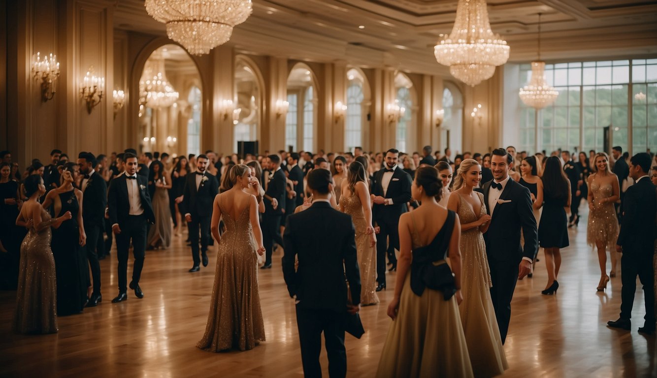 Students in elegant attire mingle in a grand ballroom, adorned with twinkling lights and opulent decorations, exuding an air of sophistication and glamour_Does Colleges Have Prom 