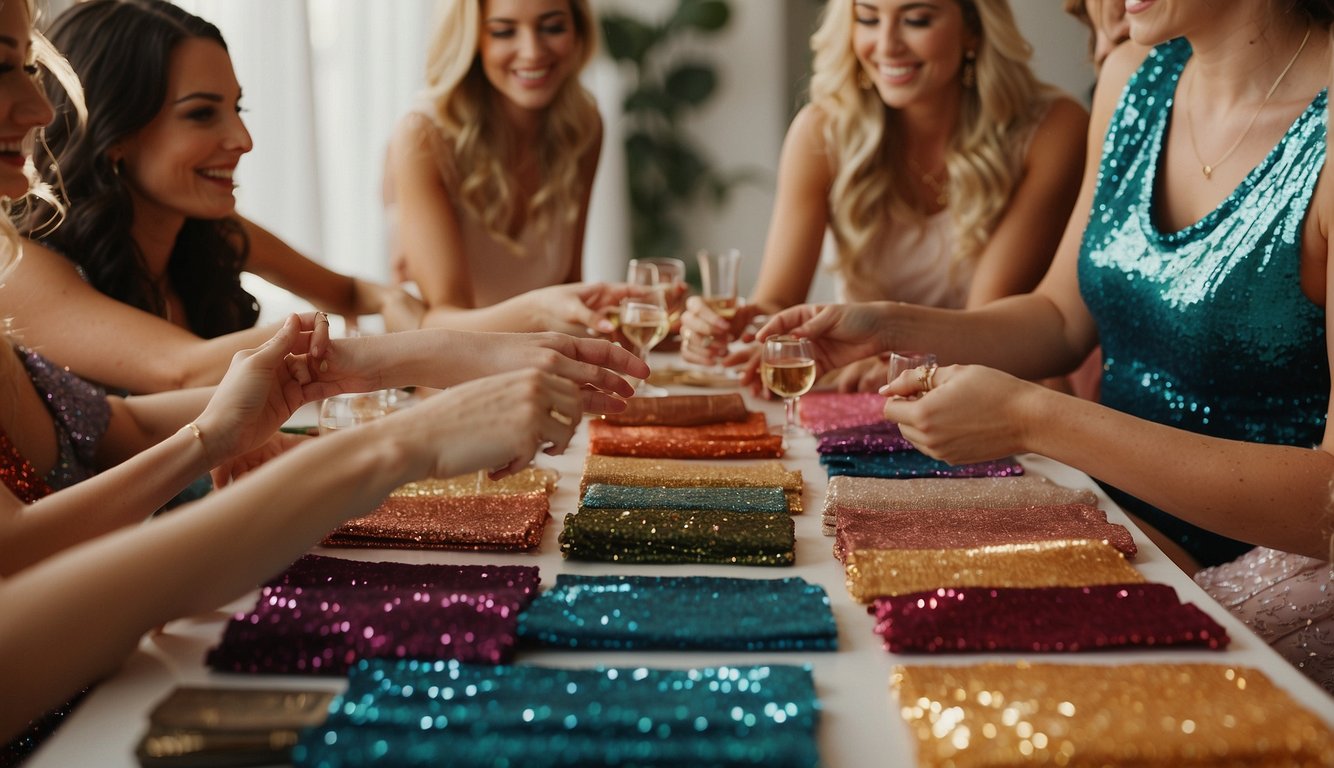 A group of women gather around a table covered in colorful fabric swatches, sequins, and beads, excitedly discussing and planning their outfits for a Mamma Mia themed bachelorette party_Mamma Mia Bachelorette Party Outfits