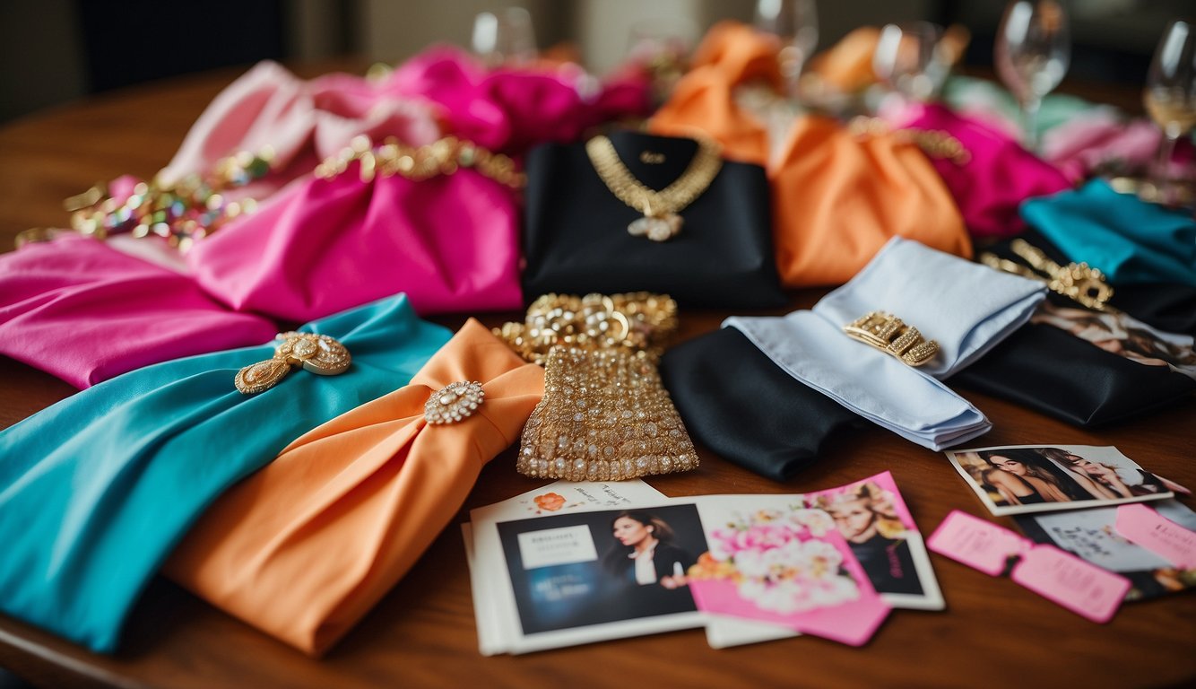 Colorful bachelorette party outfits spread out on a table with invitations and announcements scattered around. Vibrant and fun atmosphere_Mamma Mia Bachelorette Party Outfits