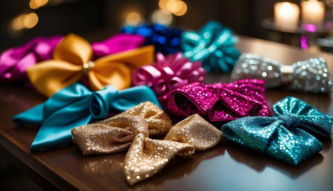A table filled with colorful, glittery bachelorette party outfits, including feather boas, sequined dresses, and tiaras. Disco balls and confetti complete the festive scene_Mamma Mia Bachelorette Party Outfits