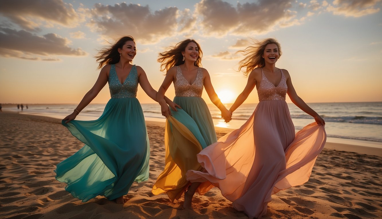 A group of women wearing colorful and flowy dresses, dancing and laughing on a beach with a picturesque sunset in the background_Mamma Mia Bachelorette Party Outfits