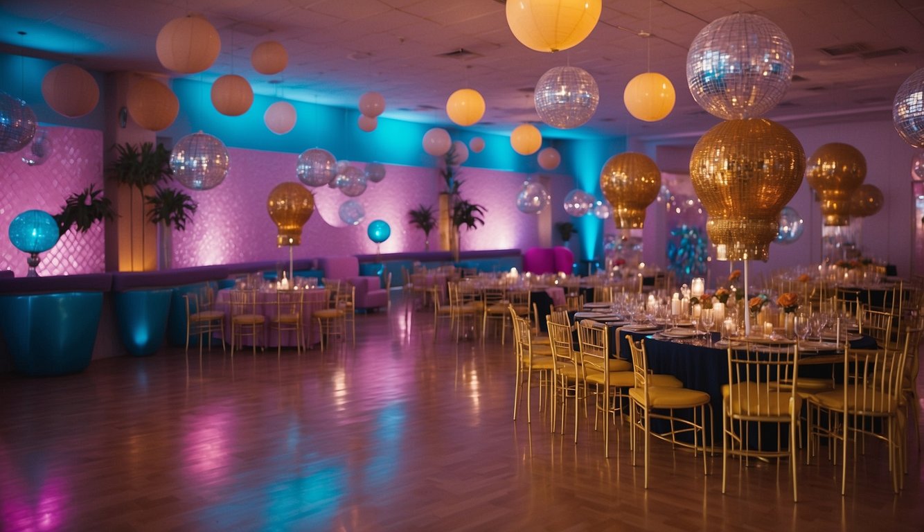 The venue is decorated with vibrant colors and disco balls for a Mamma Mia themed bachelorette party. The outfits are fun and flirty, with bold patterns and retro-inspired styles_Mamma Mia Bachelorette Party Outfits
