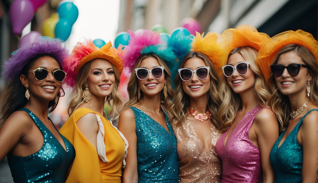A group of vibrant and stylish bachelorette party outfits displayed on mannequins with playful and fun accessories_Mamma Mia Bachelorette Party Outfits