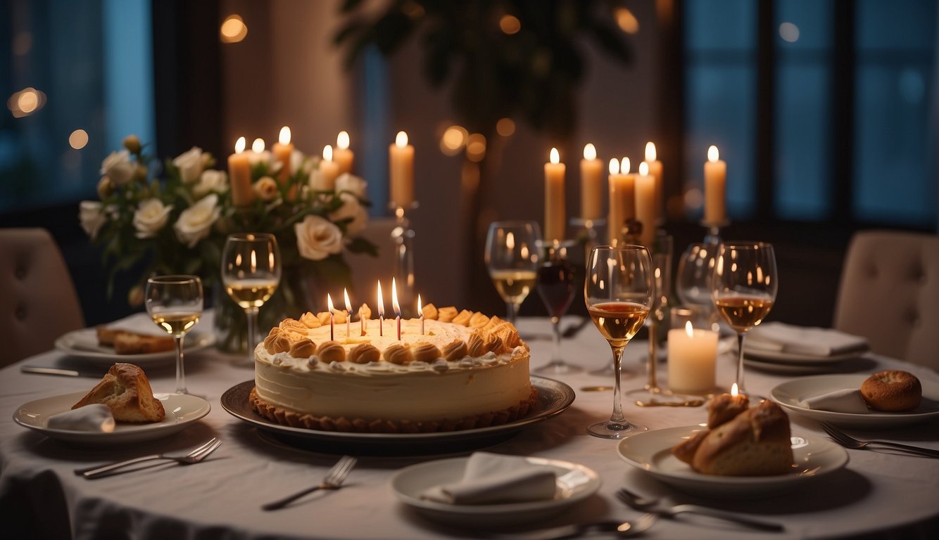 A table set with gourmet dishes, wine glasses, and a birthday cake. Candles flicker, creating a warm, inviting atmosphere. Laughter and conversation fill the air