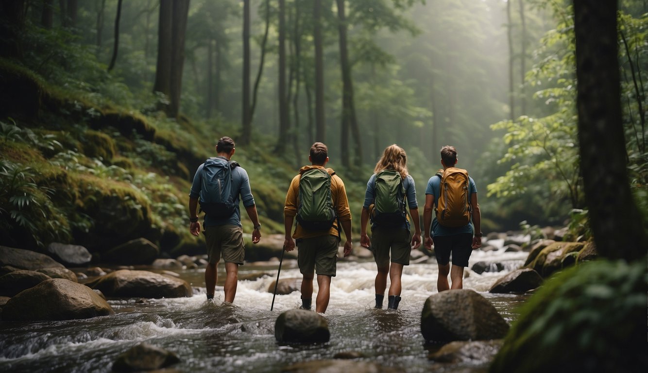 A group of adults are hiking through a lush forest, crossing a rushing river, and setting up camp under the stars for a birthday celebration