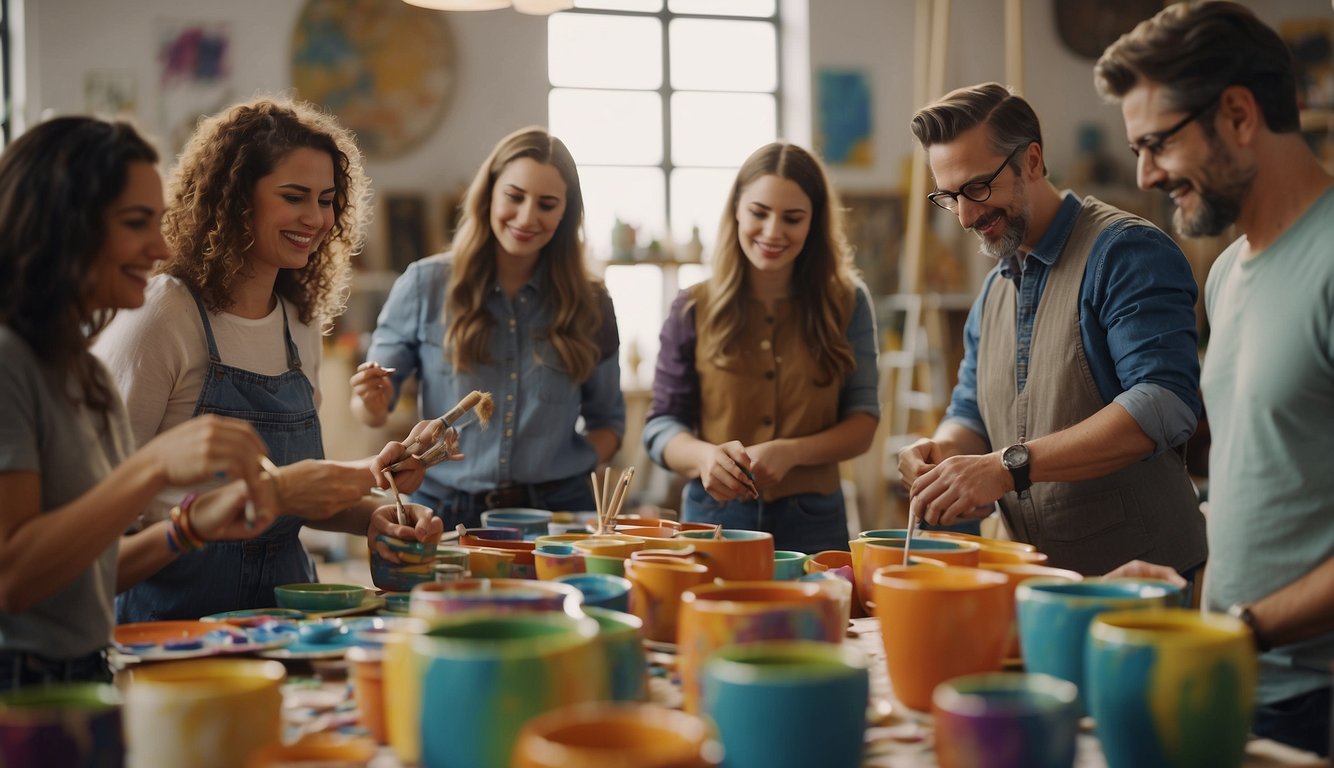 A group of adults are gathered in a vibrant art studio, painting and creating pottery. The room is filled with colorful artwork and the sound of laughter as they celebrate a birthday with creative activities