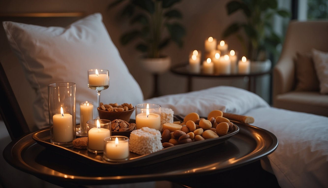 A serene spa setting with candles, soft music, and a luxurious massage chair. A tray of decadent treats and a glass of champagne add to the indulgent atmosphere