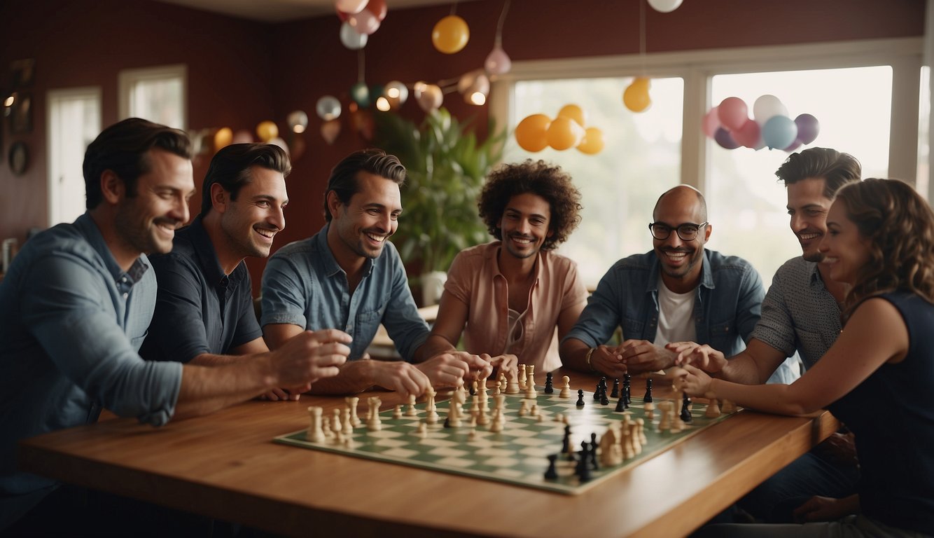 A group of adults gather around a table, playing board games and card games. Laughter and friendly competition fill the room as they enjoy their birthday celebration