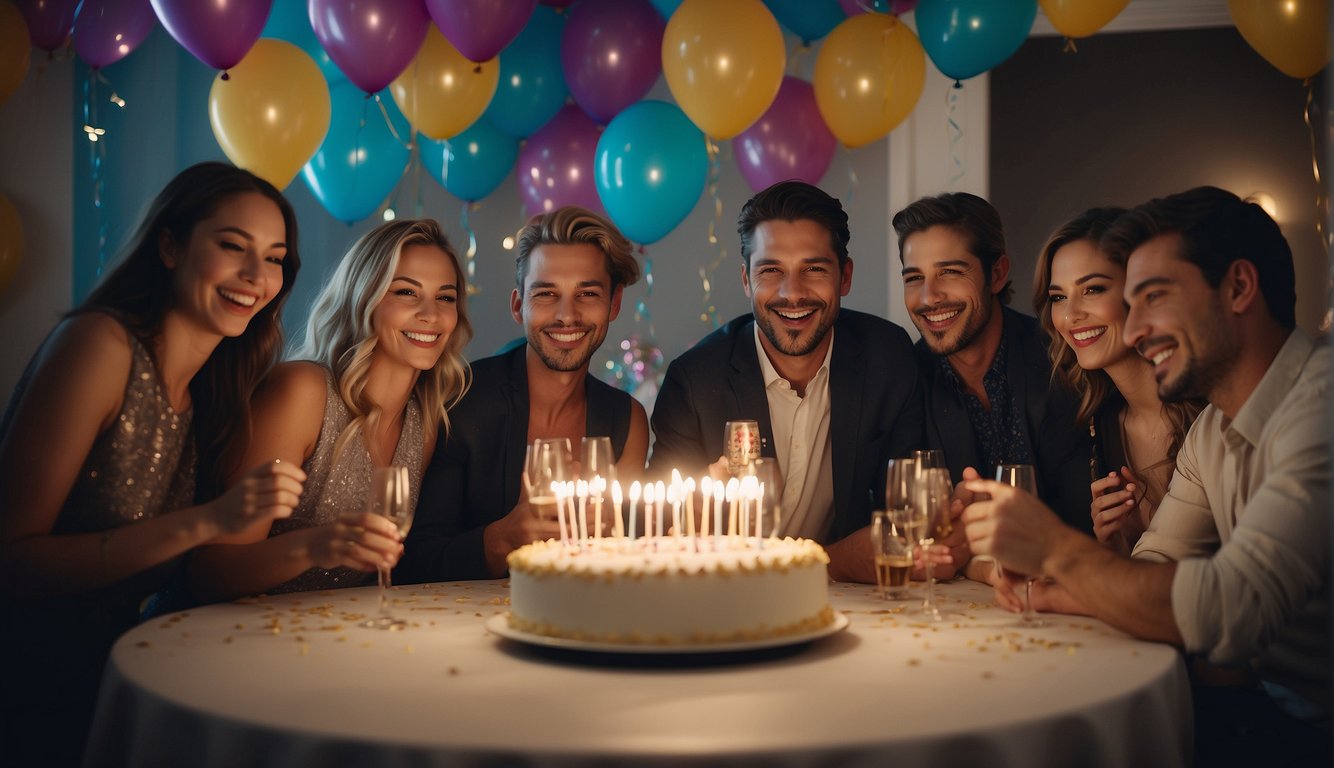 A group of adults gather around a table, laughing and enjoying birthday activities. Streamers and balloons decorate the room, adding to the festive atmosphere. Gifts and a birthday cake are prominently displayed, creating a sense of excitement and celebration