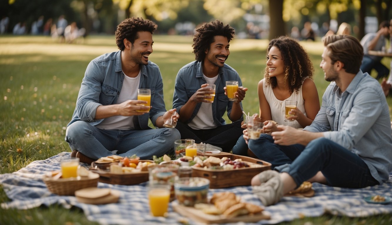 Adults enjoying a birthday picnic in a park with a spread of food, drinks, and board games. Some are lounging on blankets, others are playing games, and a group is laughing and chatting