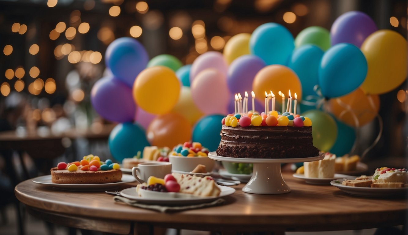 A table set with colorful balloons, a decadent birthday cake, and festive party favors. Guests laughing and enjoying delicious food and drinks in a lively atmosphere