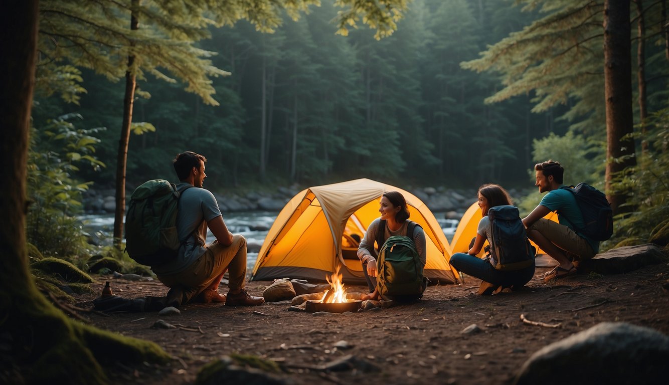 A group of friends setting up a campsite in a lush forest, surrounded by towering trees and a flowing river, with backpacks, tents, and a bonfire ready for a night of adventure and exploration