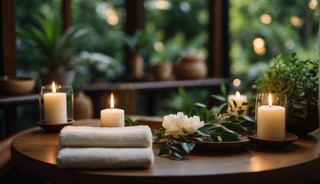 A serene spa setting with candles, soft music, and a massage table surrounded by lush greenery and calming decor