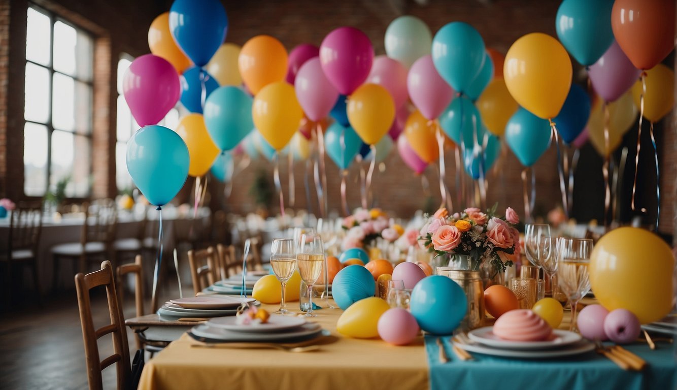 A colorful party with balloons, confetti, and a stage for performances. Tables are adorned with art supplies for guests to create their own masterpieces