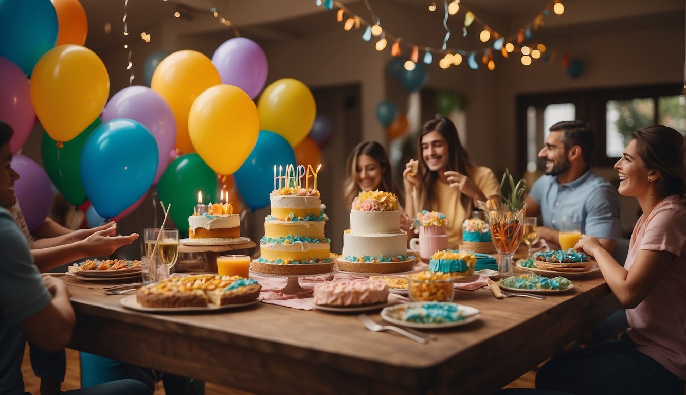 A colorful birthday party with balloons, streamers, and a big cake on a table. Guests laughing and playing games, while a banner reads "Happy Birthday!"