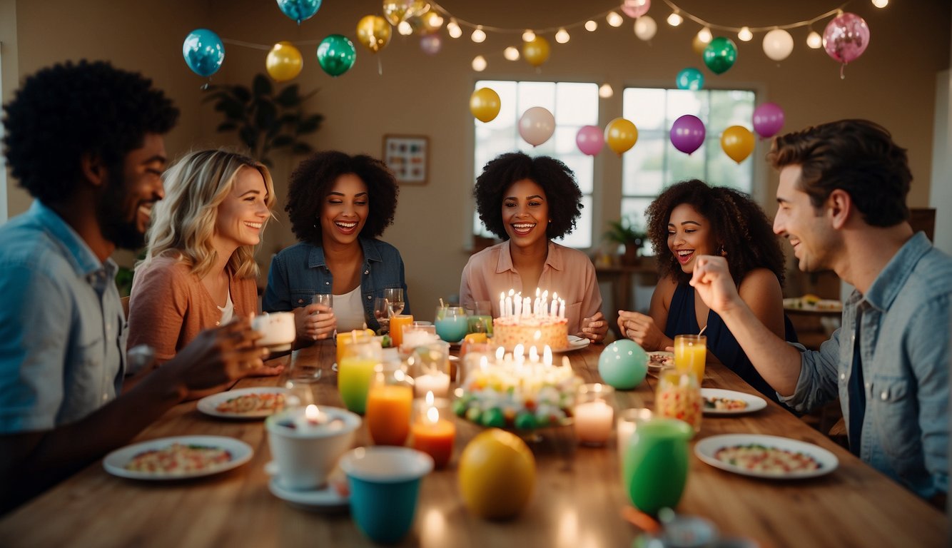 A group of friends gather around a table filled with colorful decorations, games, and treats. Laughter and conversation fill the air as they enjoy a fun and interactive birthday celebration