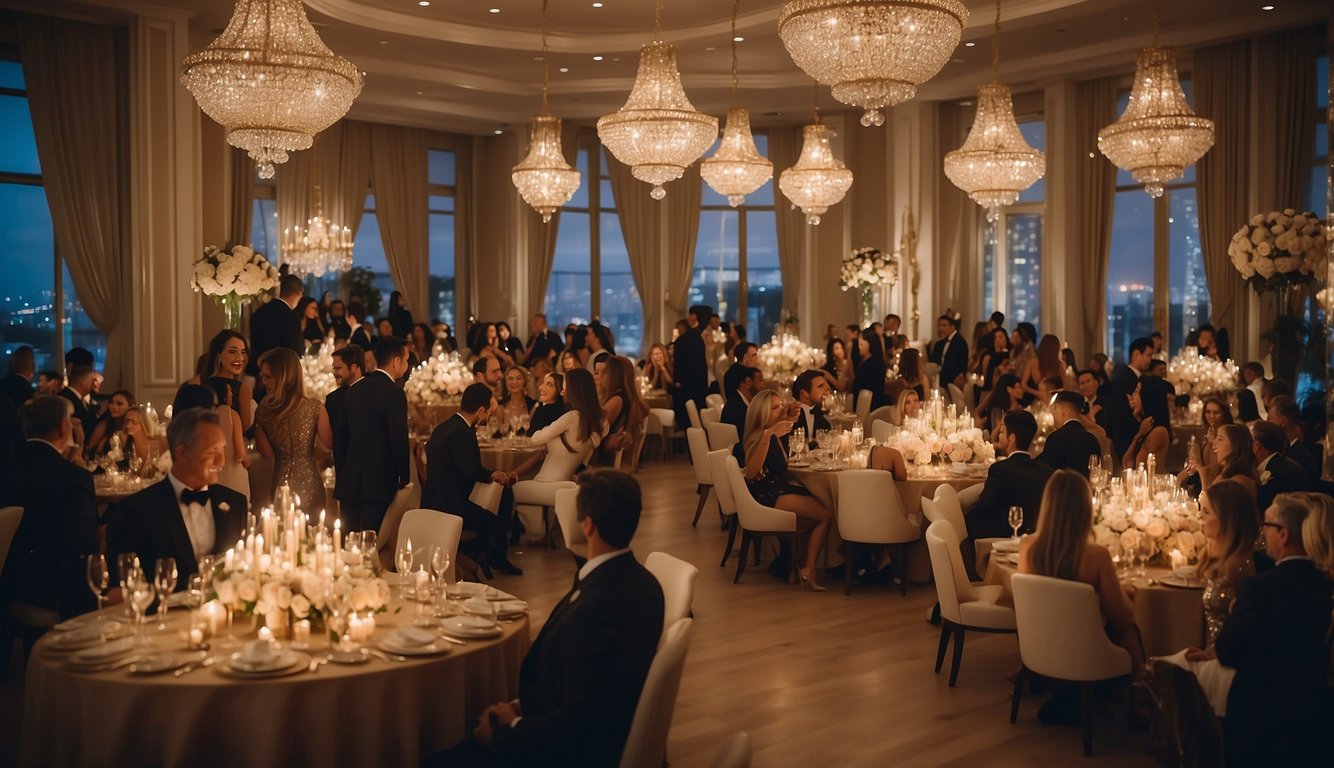 A lavish birthday party with elegant decorations, sparkling chandeliers, and a grand dessert table. Guests mingle in opulent surroundings, sipping champagne and enjoying live music