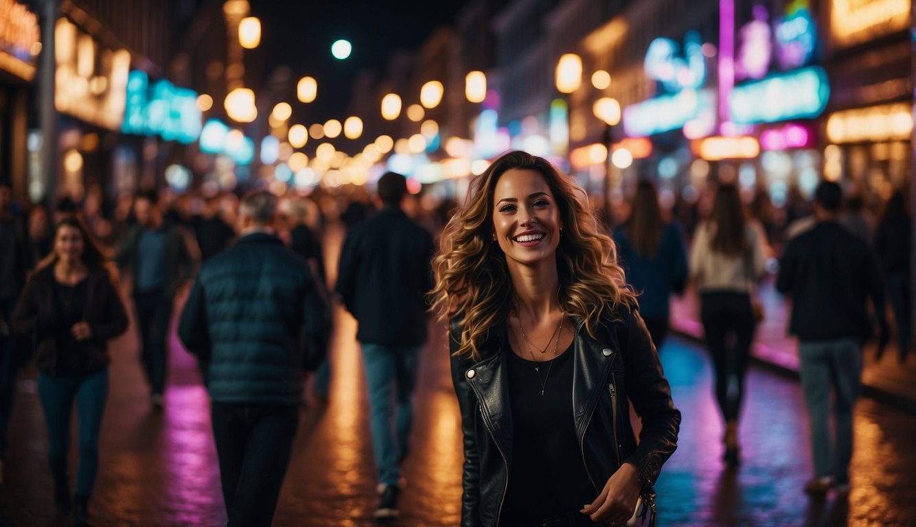 A lively city street at night, with neon lights, bustling bars, and people enjoying live music and dancing. Laughter and music fill the air, creating a vibrant and exciting atmosphere for a grown-up birthday celebration_Fun Grown Up Birthday Ideas 