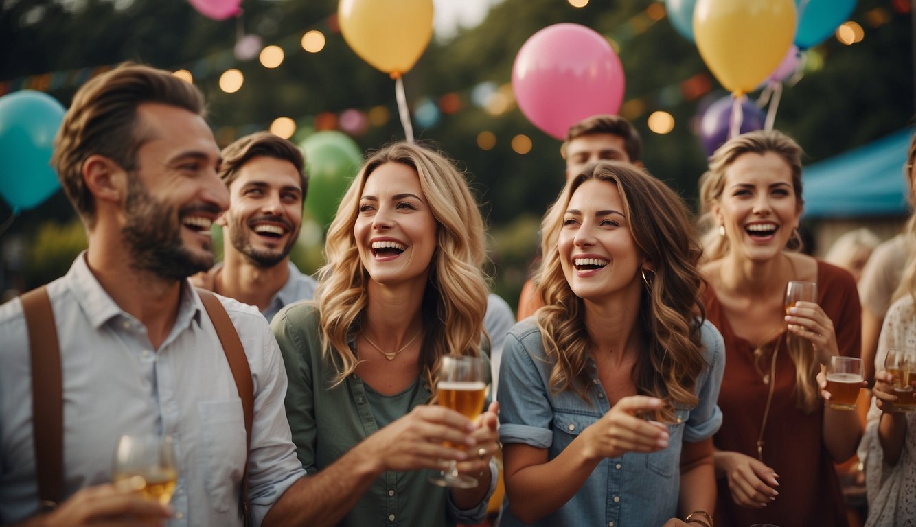 A group of adults laughing and playing outdoor games at a vibrant, festive birthday party. Decorations and balloons add to the lively atmosphere_Fun Grown Up Birthday Ideas 