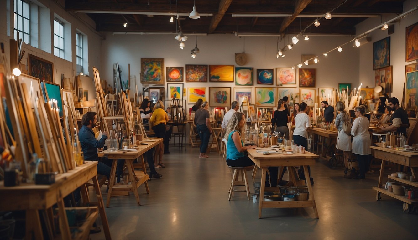 A colorful art studio filled with easels, paintbrushes, and canvases. A diverse collection of cultural artifacts adorns the walls, while a group of adults engage in a birthday celebration filled with creativity and laughter_Fun Grown Up Birthday Ideas 