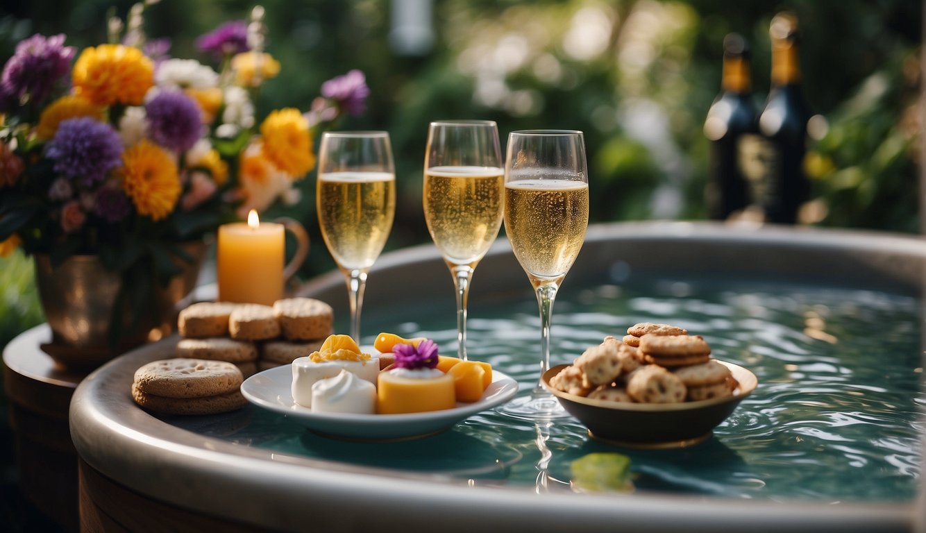 A tranquil spa with bubbling hot tubs, fluffy robes, and soothing music, surrounded by lush greenery and colorful flowers. A table set with decadent treats and champagne, ready for a birthday celebration_Fun Grown Up Birthday Ideas 