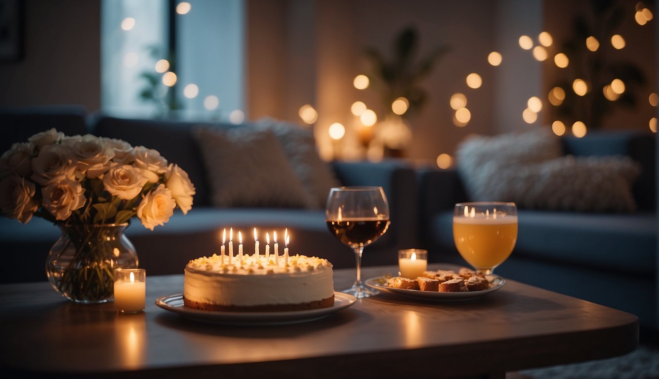 A cozy living room with soft lighting, a table set for two, and a personalized birthday cake with candles Unique Birthday Ideas for Adults
