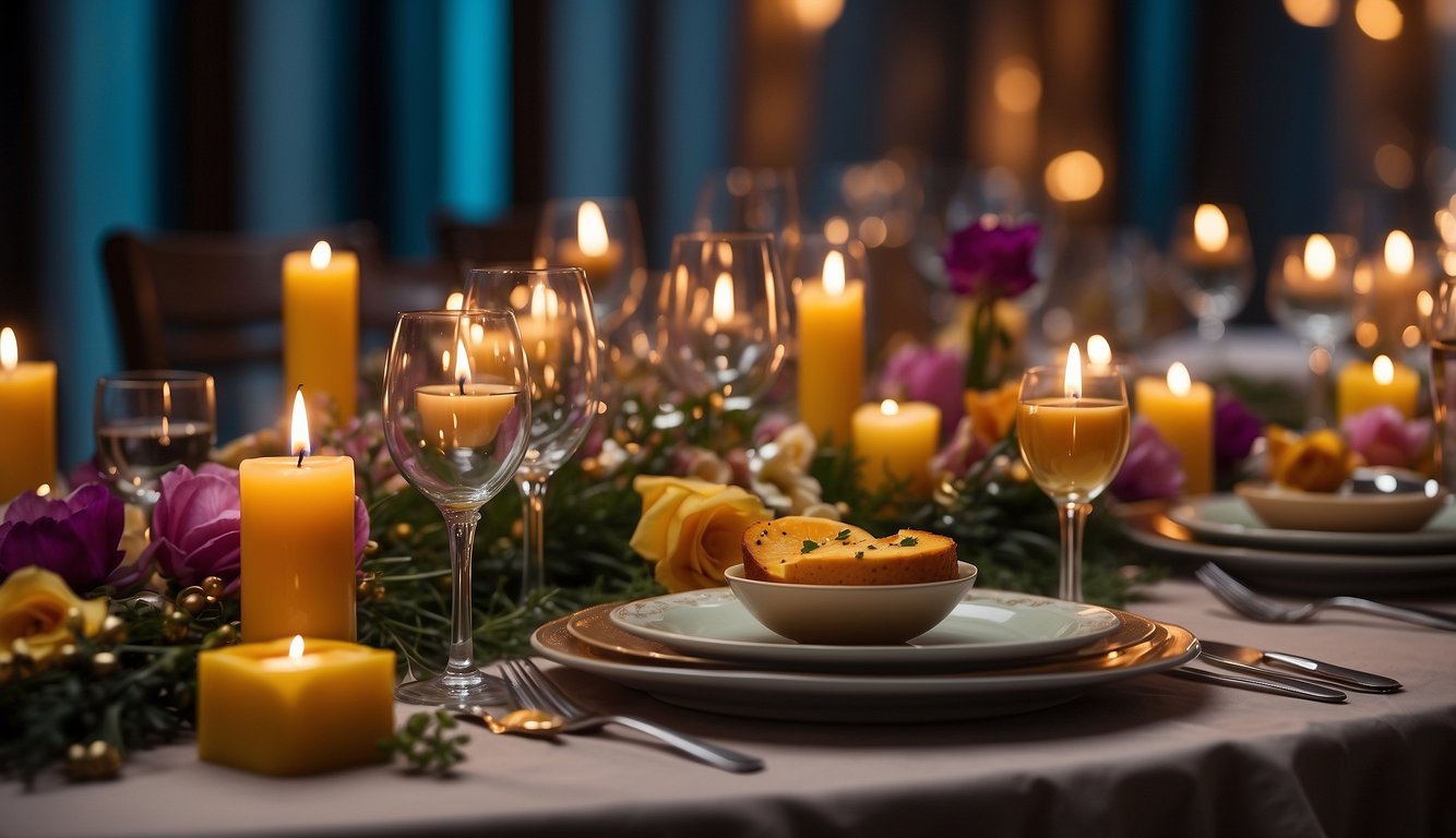 A table set with elegant dinnerware, surrounded by flickering candles and colorful decorations. A variety of unique birthday activities, such as wine tasting or painting, are displayed nearby Unique Birthday Ideas for Adults