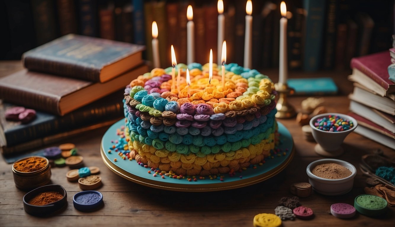 A colorful palette of art supplies arranged on a table, surrounded by books on culture and history. A birthday cake with a unique design sits nearby Unique Birthday Ideas for Adults