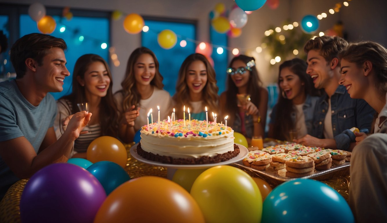 Colorful decorations adorn a room with a photo booth, DIY craft station, and a dessert table filled with cupcakes and treats. Teenagers mingle and laugh, enjoying the festive atmosphere Birthday Party Ideas for Teens