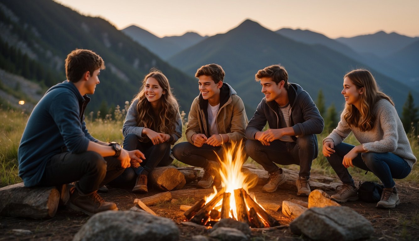 A group of teens gather around a campfire, roasting marshmallows and sharing stories. Tents are set up nearby, with hiking gear and bicycles strewn about. The sun sets behind the mountains, casting a warm glow over the scene Birthday Party Ideas for Teens