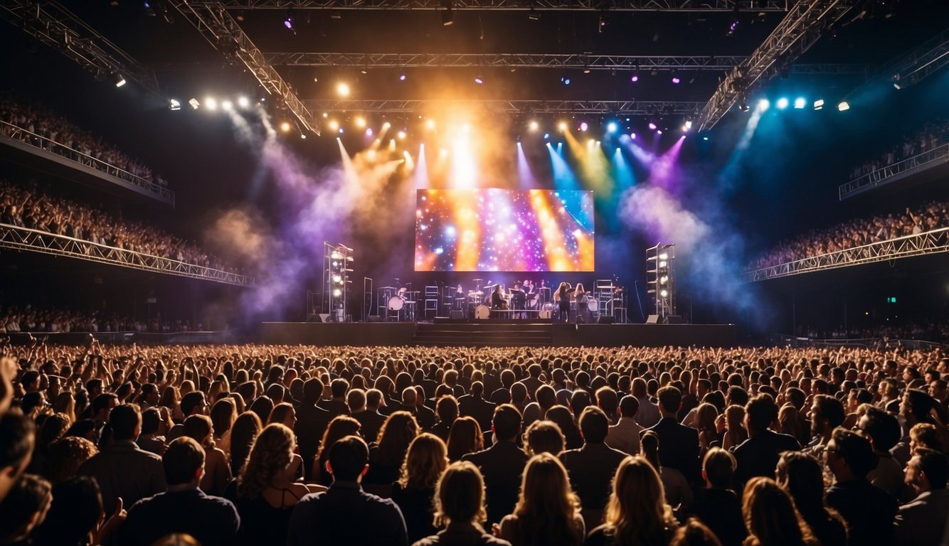 A colorful stage with spotlights, a big screen displaying event details, and a crowd of excited people cheering and clapping_How to Make a Promo Video for an Event 
