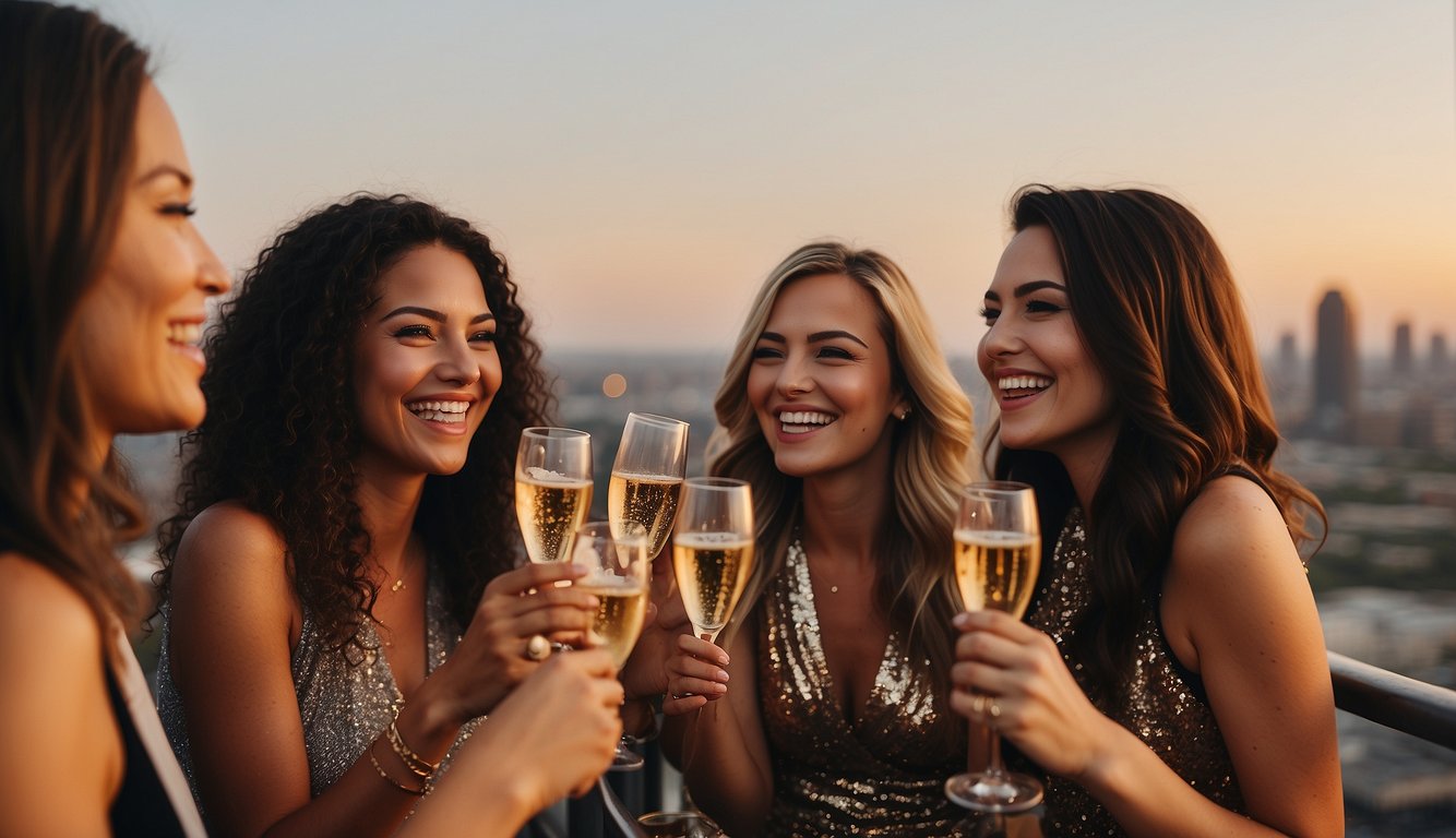 A group of women laughing and toasting with champagne in a trendy rooftop bar overlooking the Dallas skyline at sunset Bachelorette Party Ideas in Dallas