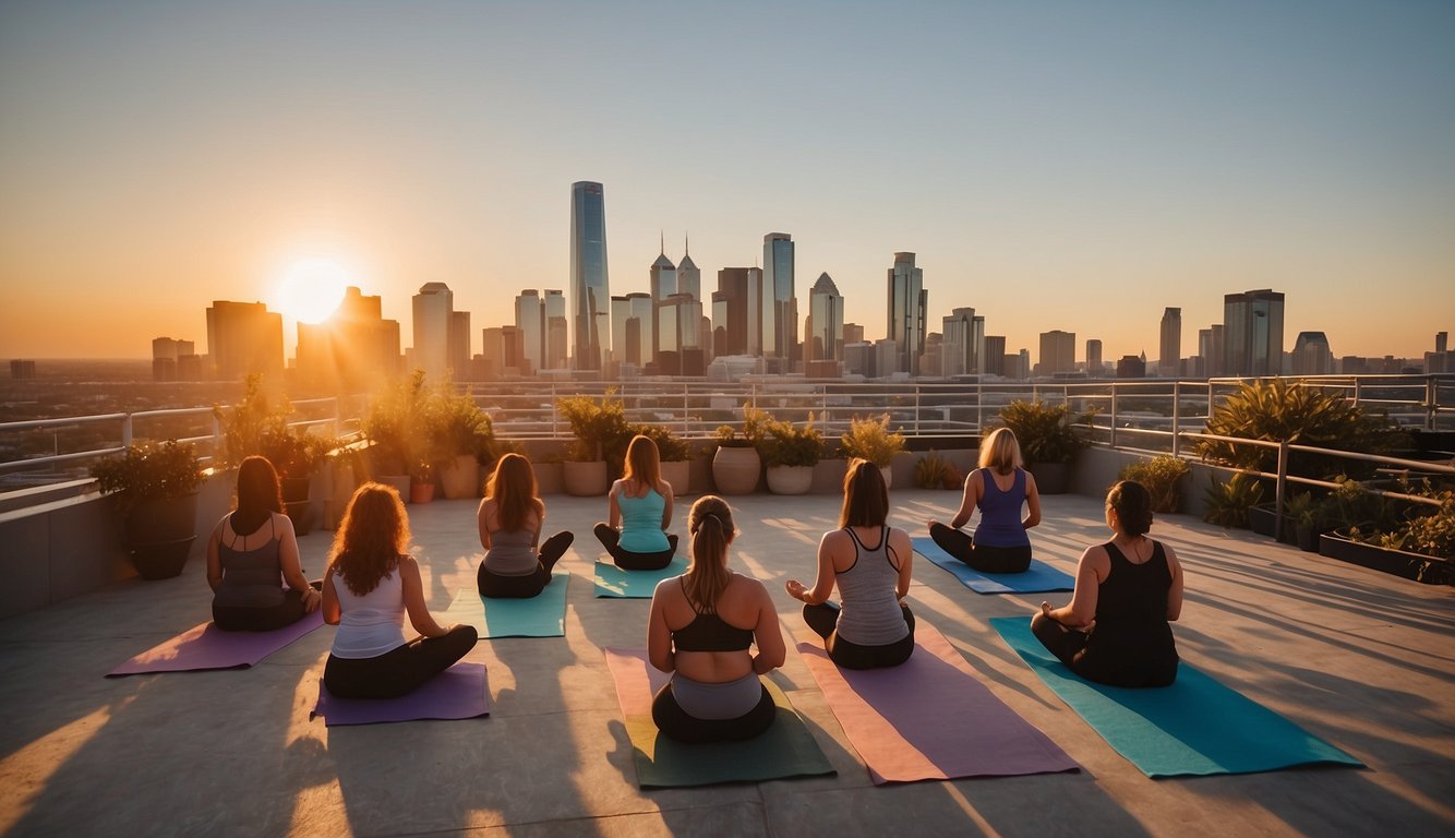 A group of women enjoying a rooftop sunset yoga session with the Dallas skyline as the backdrop, followed by a private cooking class with a local chef Bachelorette Party Ideas in Dallas