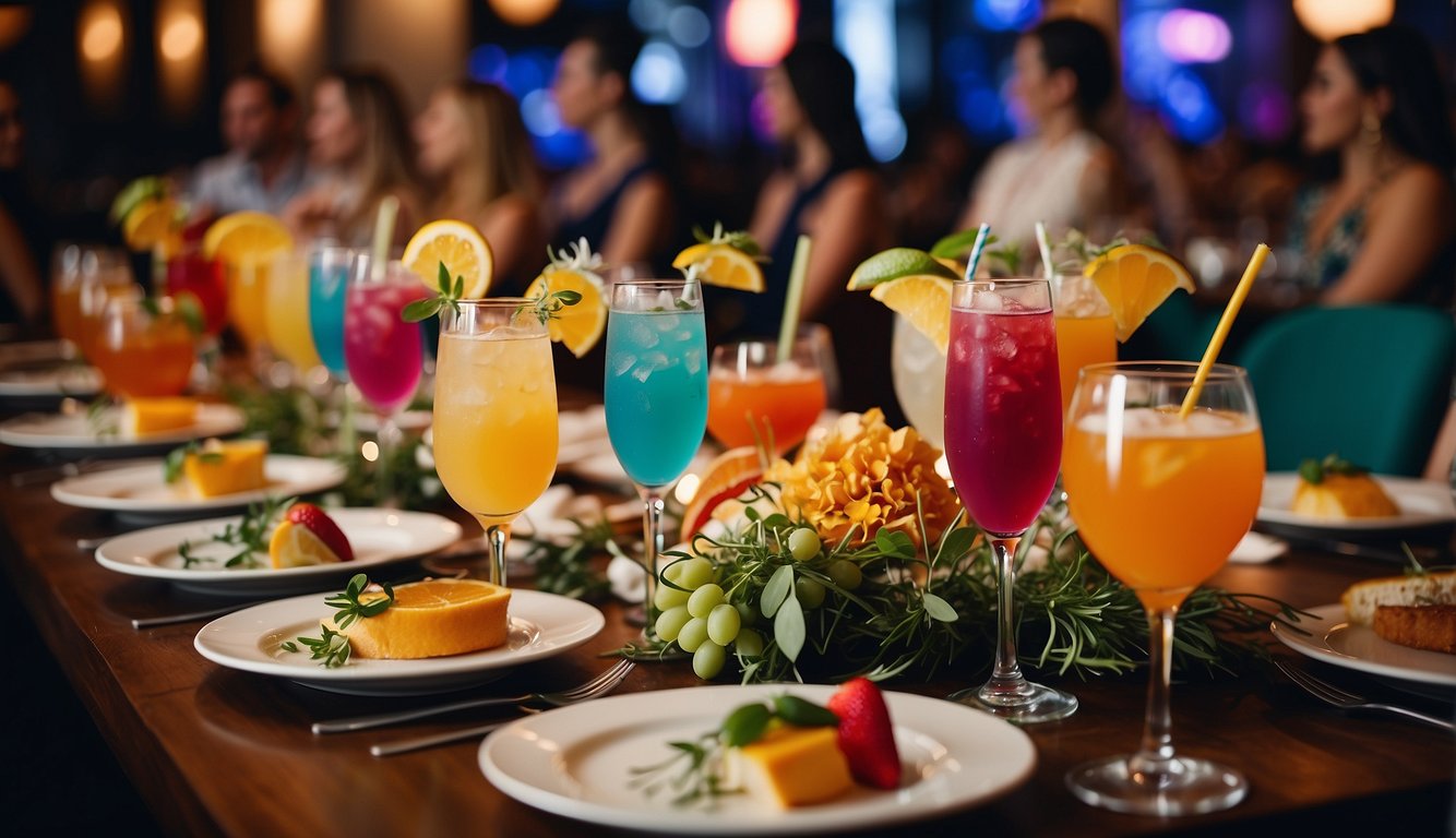 A table set with colorful cocktails and gourmet dishes at a trendy Dallas restaurant, surrounded by happy bachelorette party guests Bachelorette Party Ideas in Dallas