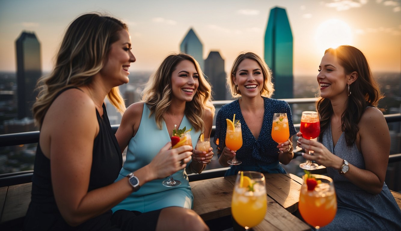 A group of women enjoying a scenic view of Dallas skyline from a rooftop bar, with colorful cocktails and laughter filling the air Bachelorette Party Ideas in Dallas