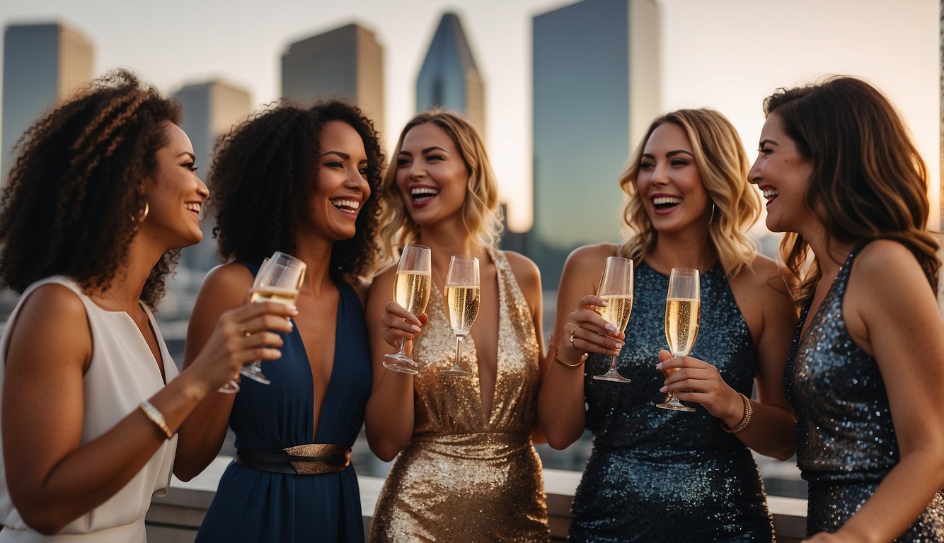 A group of women laughing and toasting with champagne at a stylish rooftop bar in downtown Dallas, with the city skyline glowing in the background Bachelorette Party Ideas in Dallas