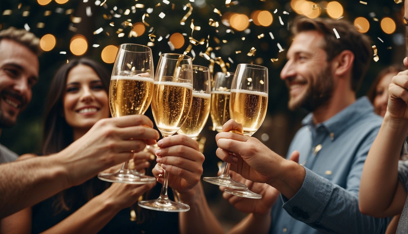 Friends gather, toasting with champagne, as streamers and confetti fall around them in a festive atmosphere Bachelorette Party Ideas in Dallas