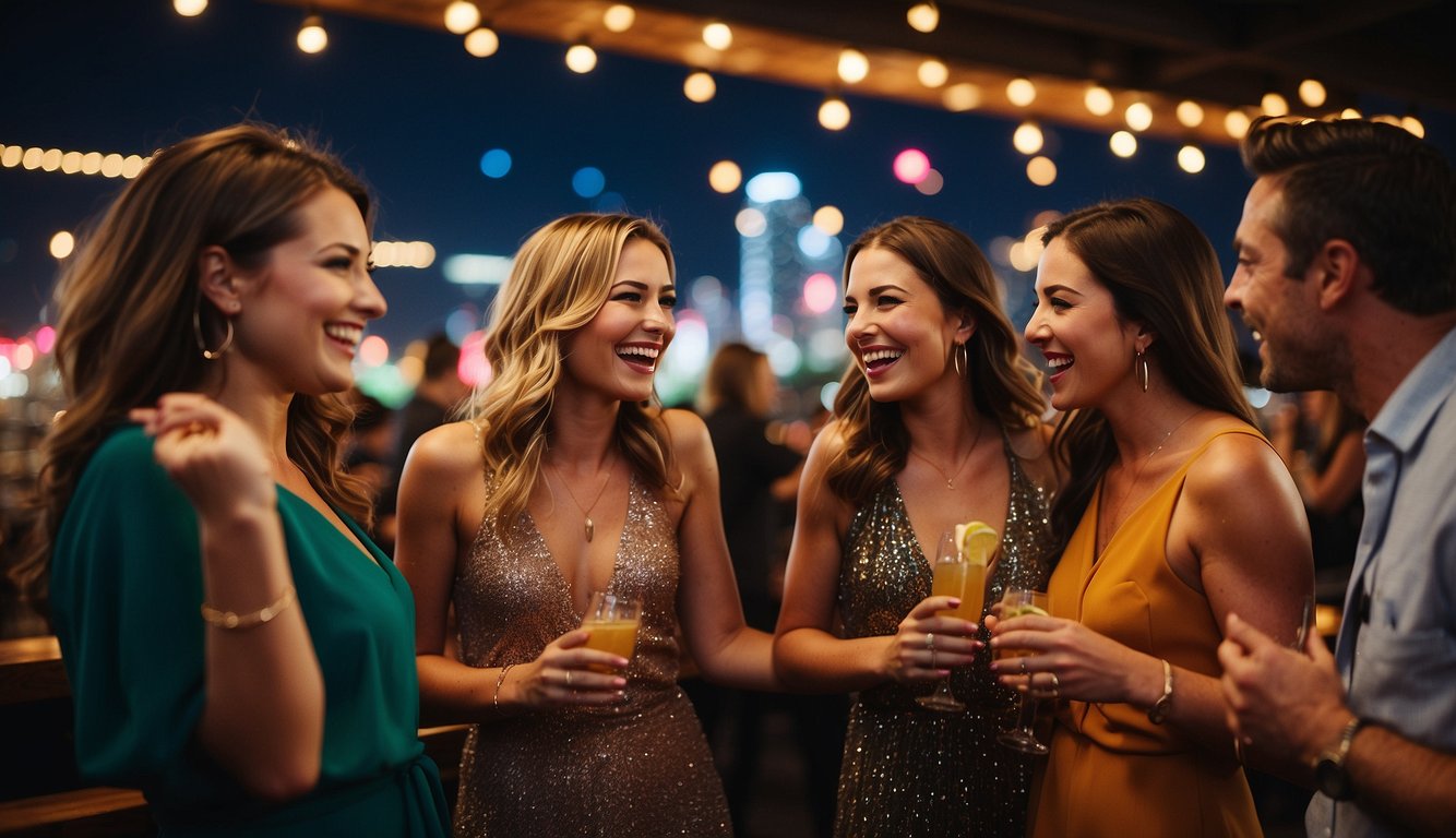 A group of women laughing and dancing at a trendy rooftop bar in downtown Dallas, surrounded by colorful cocktails and city lights Bachelorette Party Ideas in Dallas