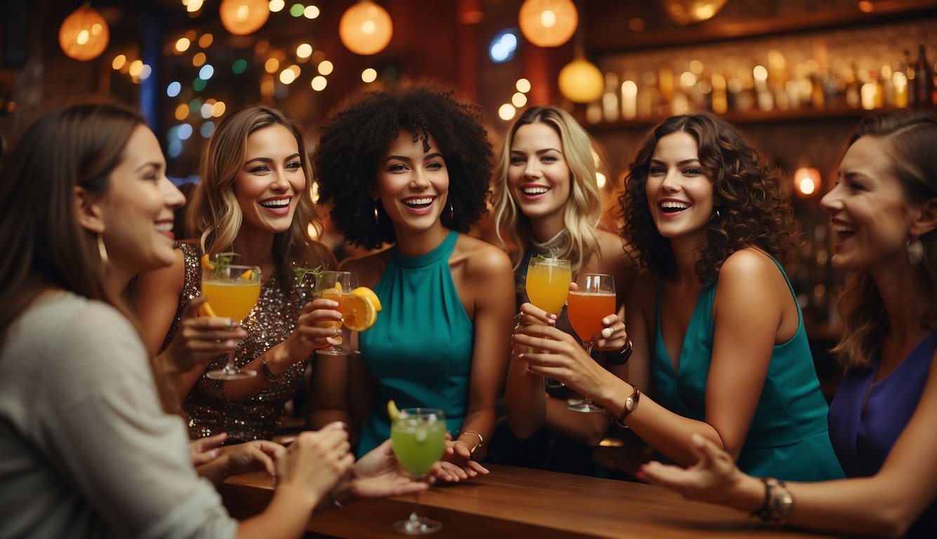 A group of women celebrating in a lively bar with colorful cocktails and fun decorations, surrounded by laughter and cheerful conversation St. Louis Bachelorette Party Ideas 