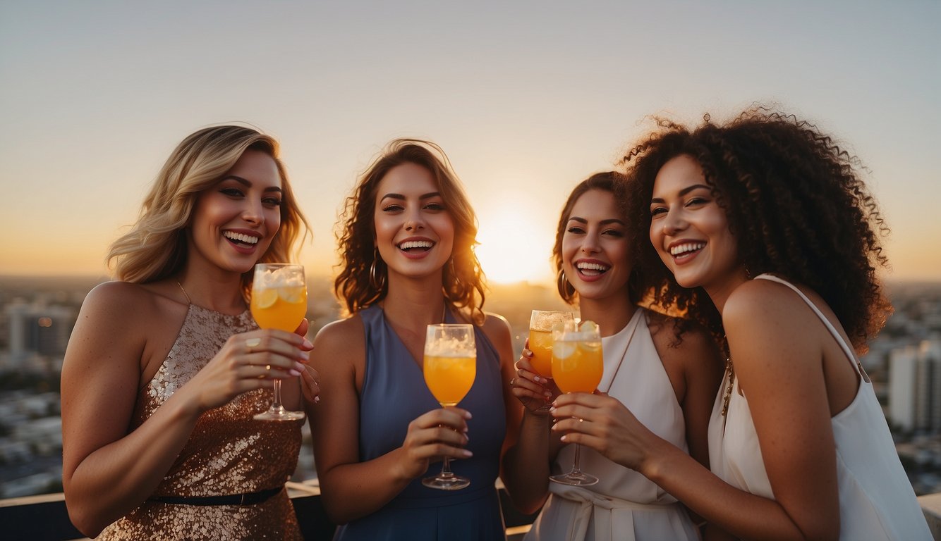 A group of women laughing and toasting with cocktails on a rooftop overlooking the San Diego skyline at sunset San Diego Bachelorette Party Ideas