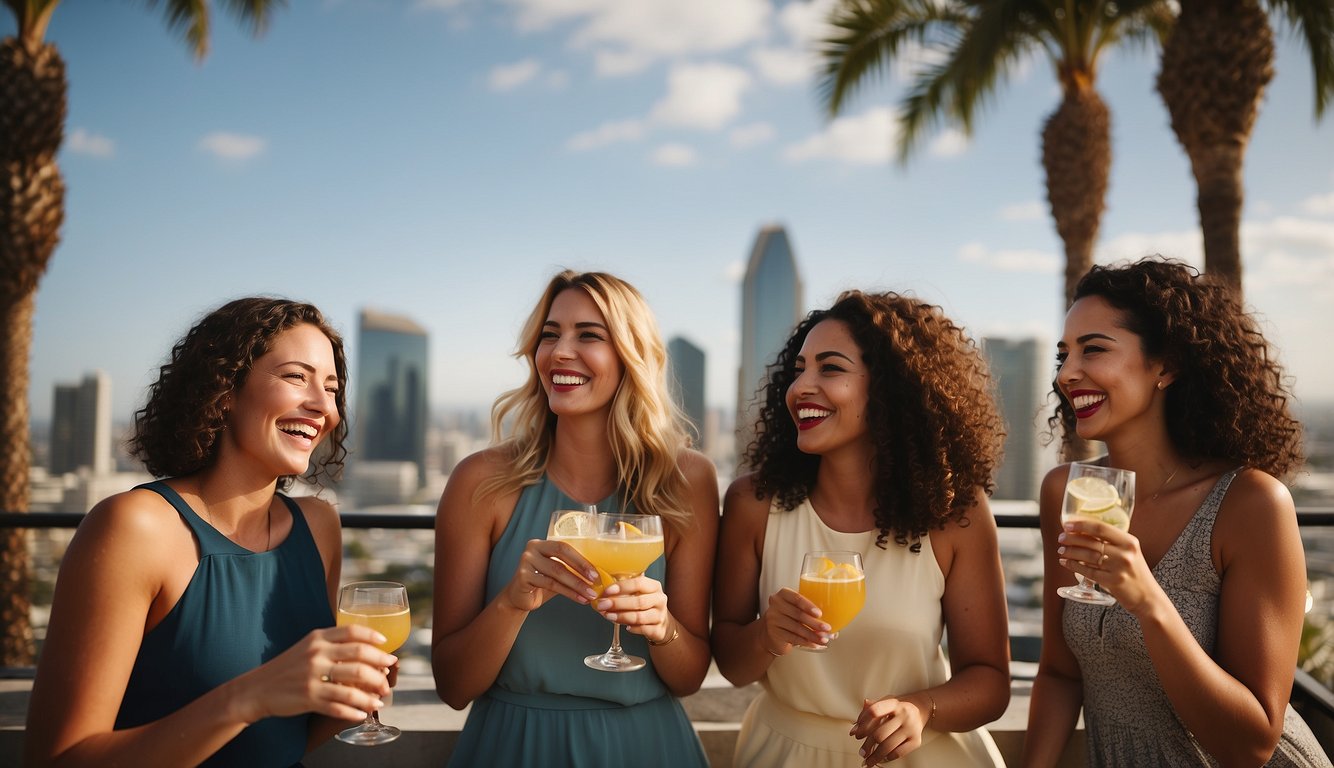 A group of women laughing and toasting with cocktails at a rooftop bar overlooking the San Diego skyline, with palm trees swaying in the breeze San Diego Bachelorette Party Ideas